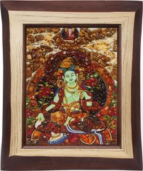 Panel with amber in combination with lurex and Swarovski stones “Green Tara”