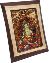 Panel with amber in combination with lurex and Swarovski stones “Green Tara”