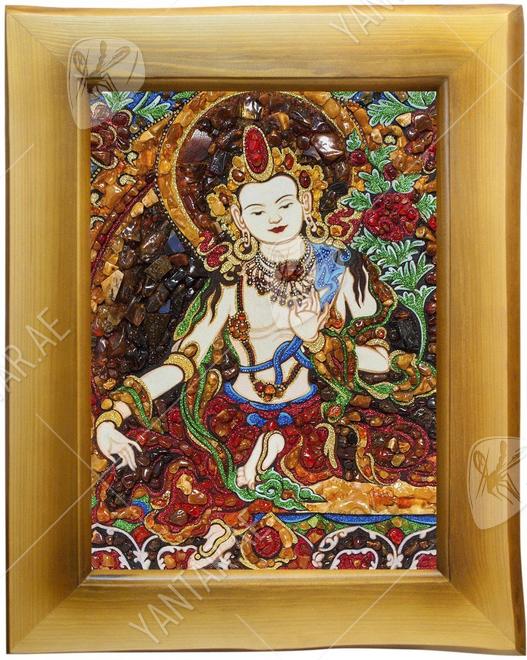 Panel with amber in combination with lurex and Swarovski stones “White Tara”