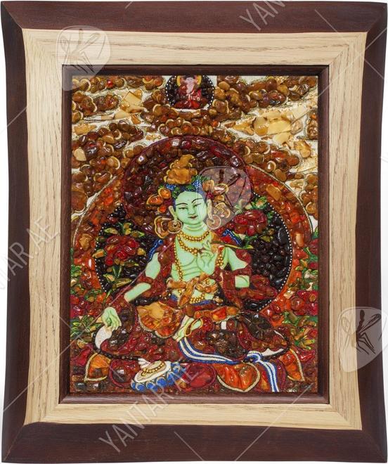 Panel with amber in combination with lurex and Swarovski stones “Green Tara”