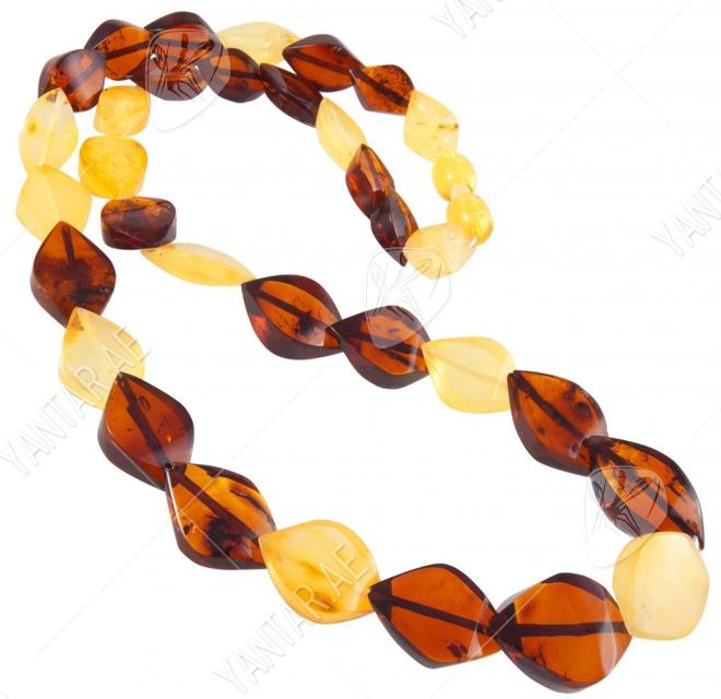 Beads made of multi-colored diamond-shaped amber stones