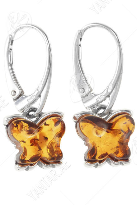 Silver earrings with amber “Butterflies”